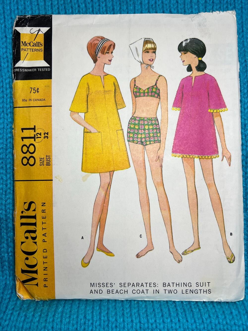 McCalls 8811 Sewing pattern bikini swimming suit beach coverup 1960s size 12